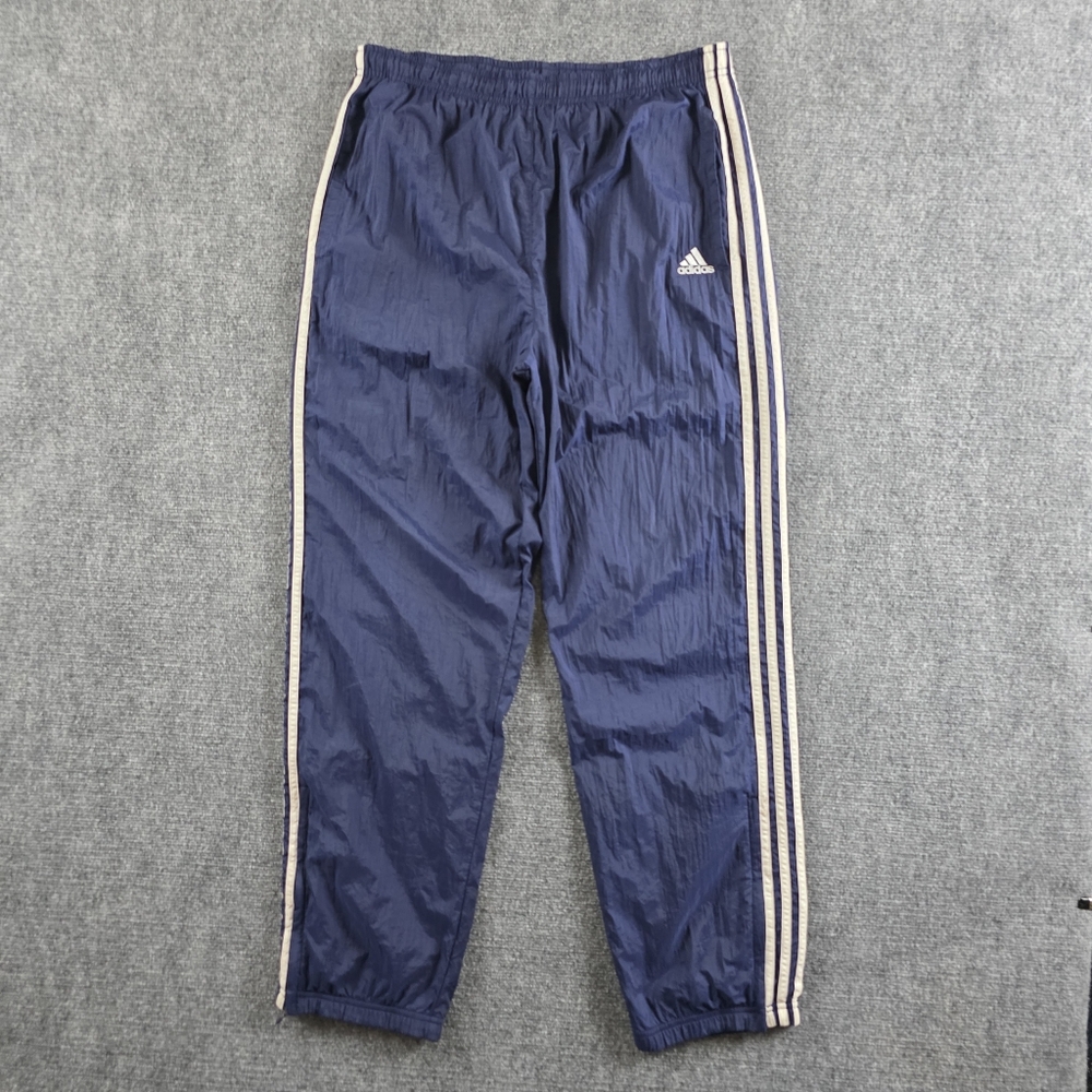​ADIDAS 3 STRIPE NYLON JERSEY LINED TRACK PANTS NAVY BLUE L CRINKLE ANKLE ZIP